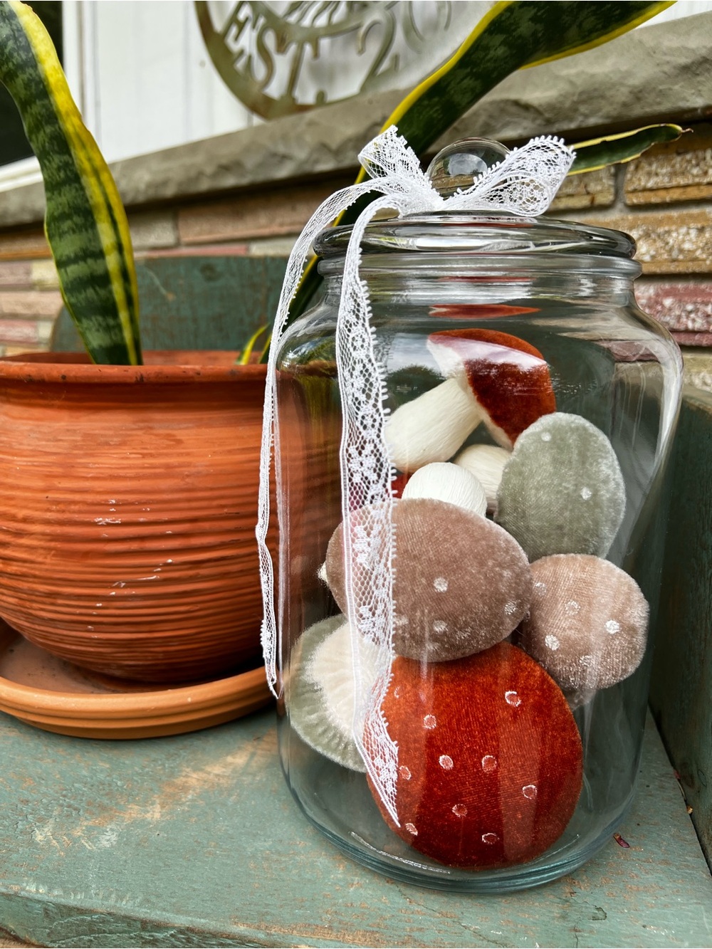 Vintage Jar With Plush Mushrooms